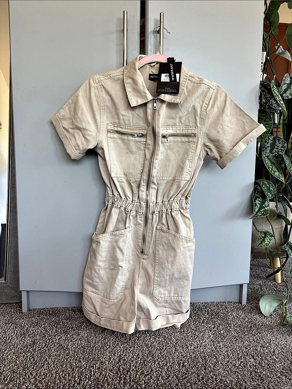 NWT PrettyLittleThing Zip Denim Playsuit Cream size small